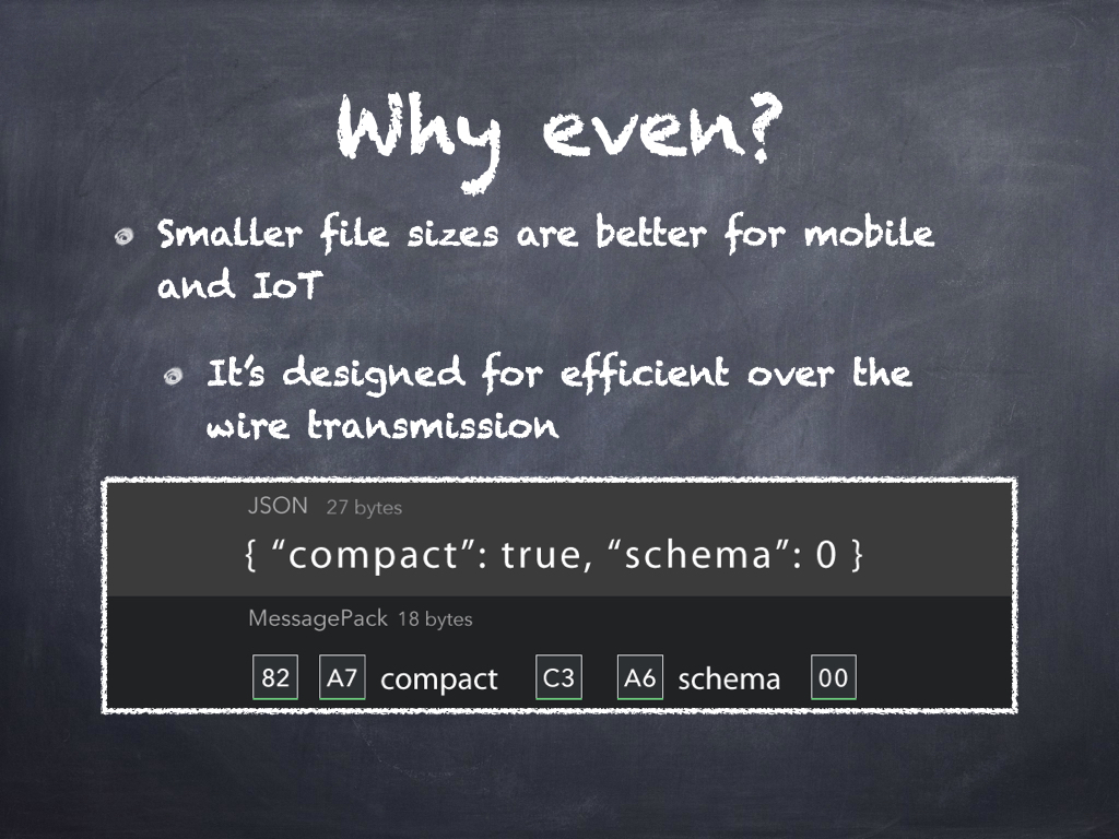 Smaller file sizes are better for mobile and IoT. It's designed for efficient over the wire transmission. Image shows a minimal JSON blob being 27 bytes and the equivalent MessagePack being 18 bytes.