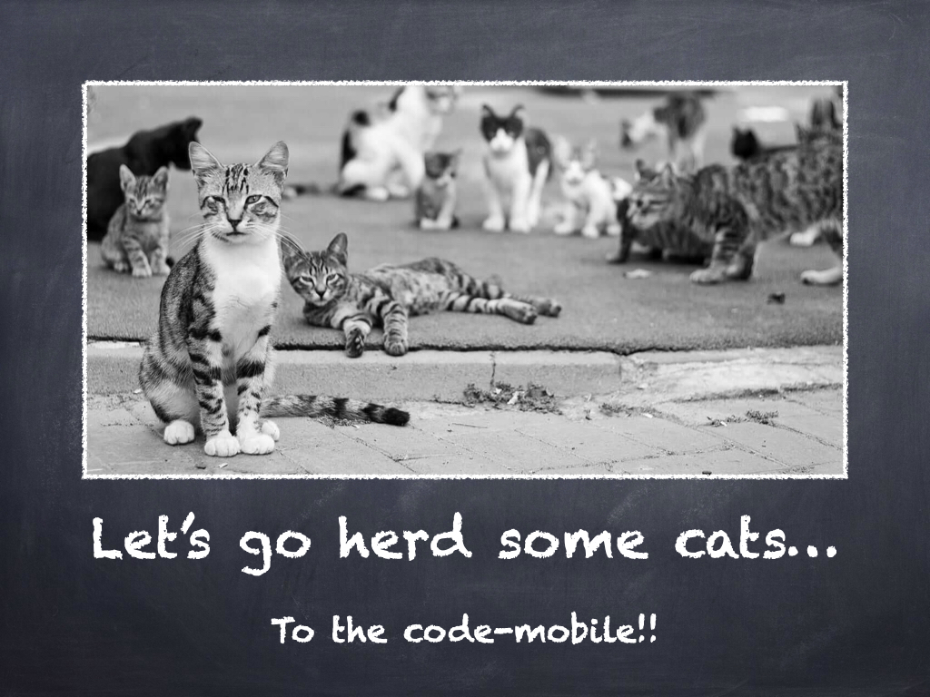 Let's go herd some cats... To the code-mobile!! Image shows lots of cats being lazy and cute on the sidewalk.